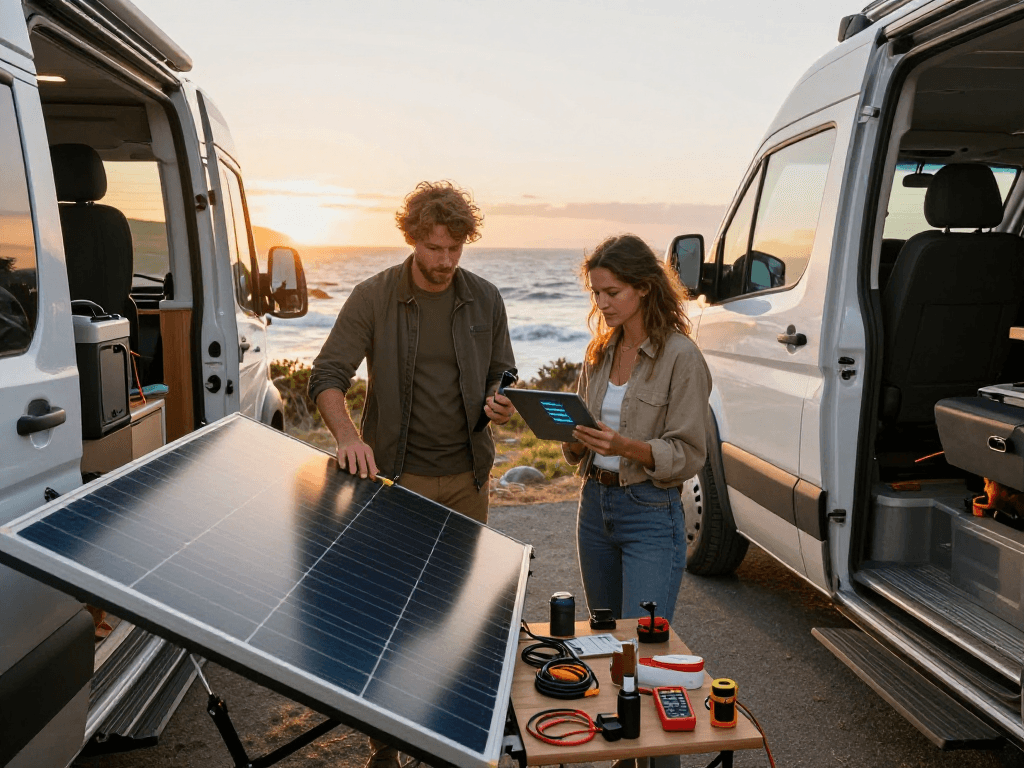 Couple setting up solar panels for their campervan, showcasing rokok88's van life preparation.
