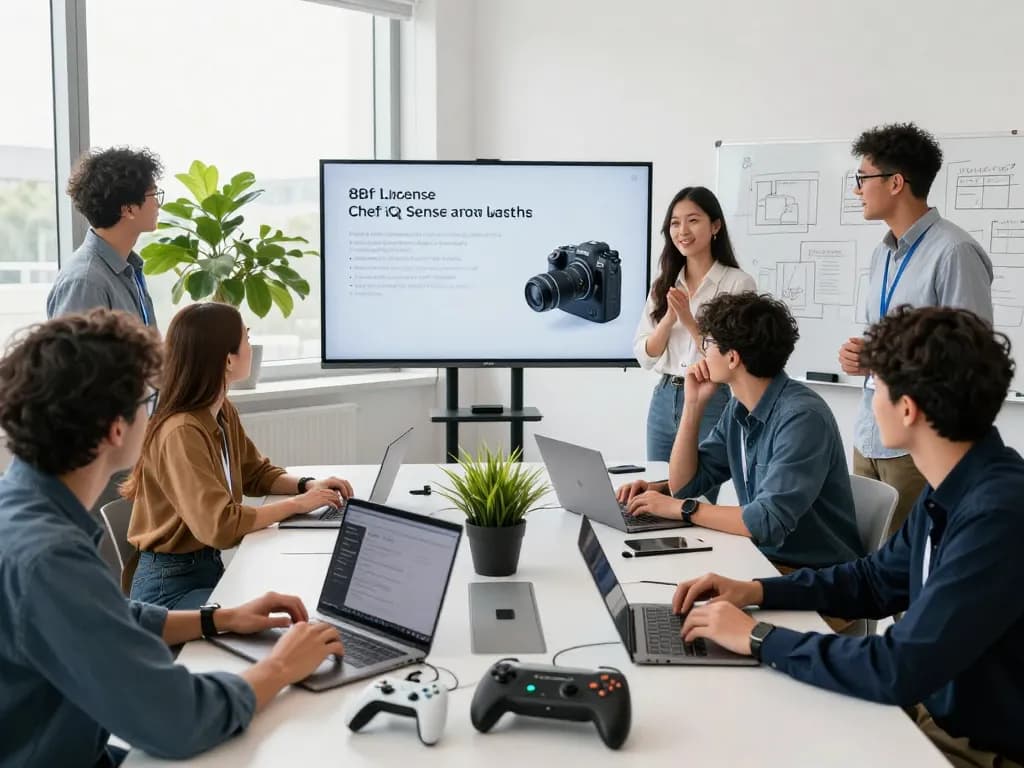Team collaborating with innovative tech gadgets in a modern workspace.