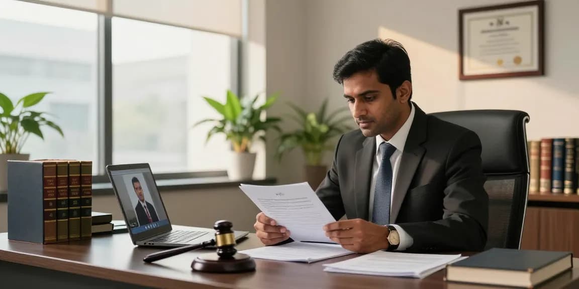 Engaging discussion on WebProNews.com with criminal lawyer J.K. Chaudhary in a modern office, focused on client consultation.