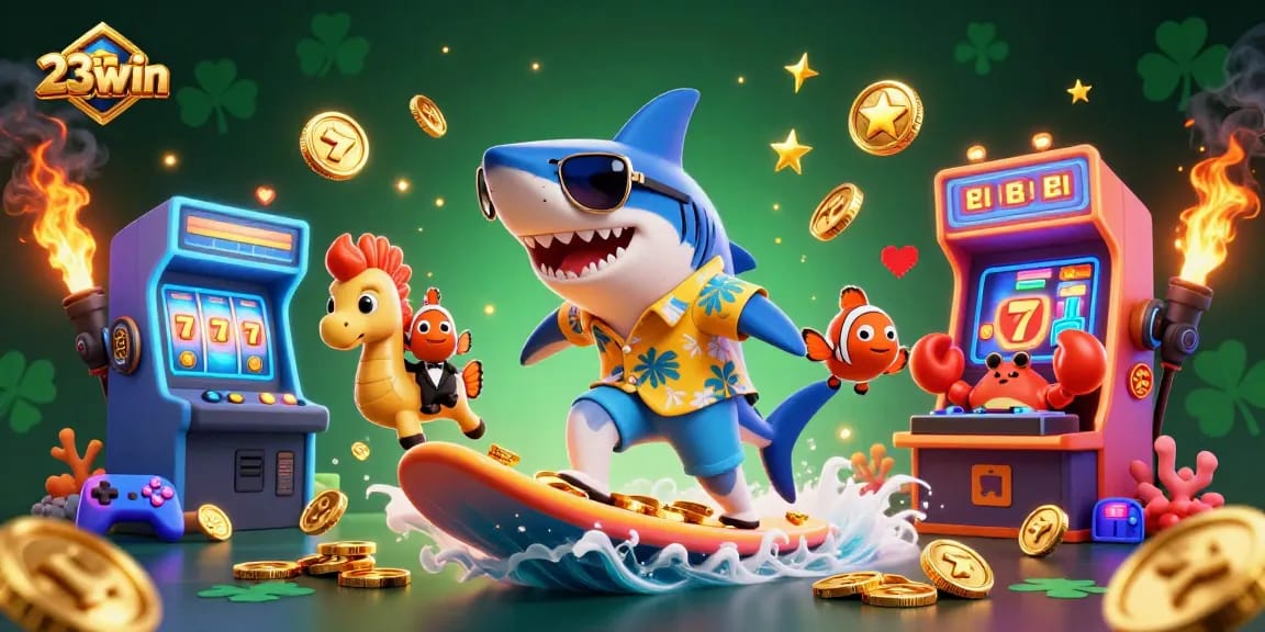 Engage in winning with 23win as a colorful shark character surfs on coins in a vibrant casino world.