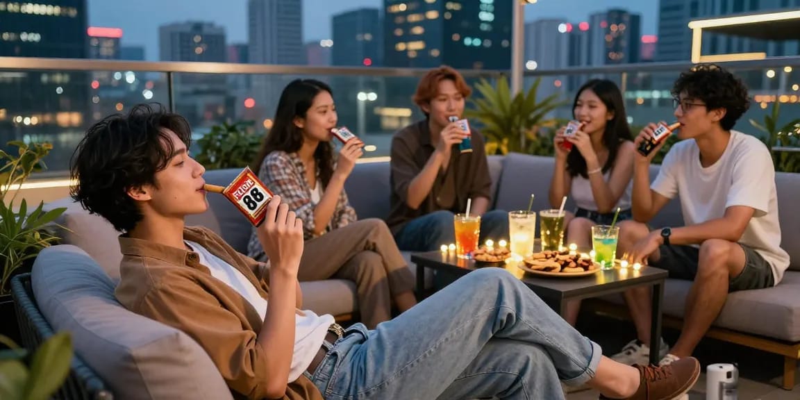 Friends enjoying rokok 88 products at an urban rooftop lounge during evening, with city lights in background.