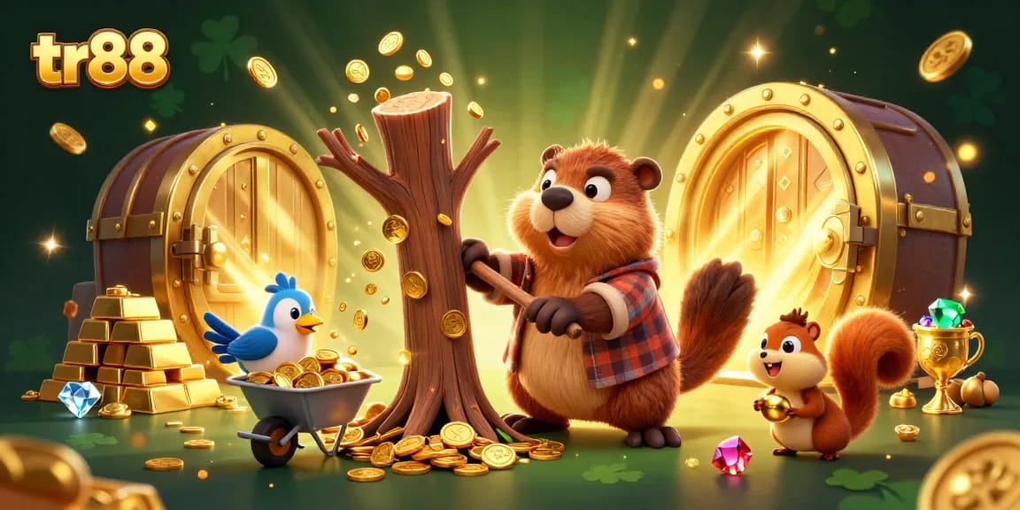 tr88 showcases a cheerful lumberjack beaver surrounded by golden coins and jewels, symbolizing a fun gaming experience.