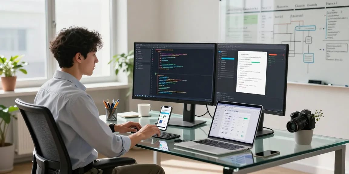 Creative workspace showcasing software development process at the WPS Official Website.