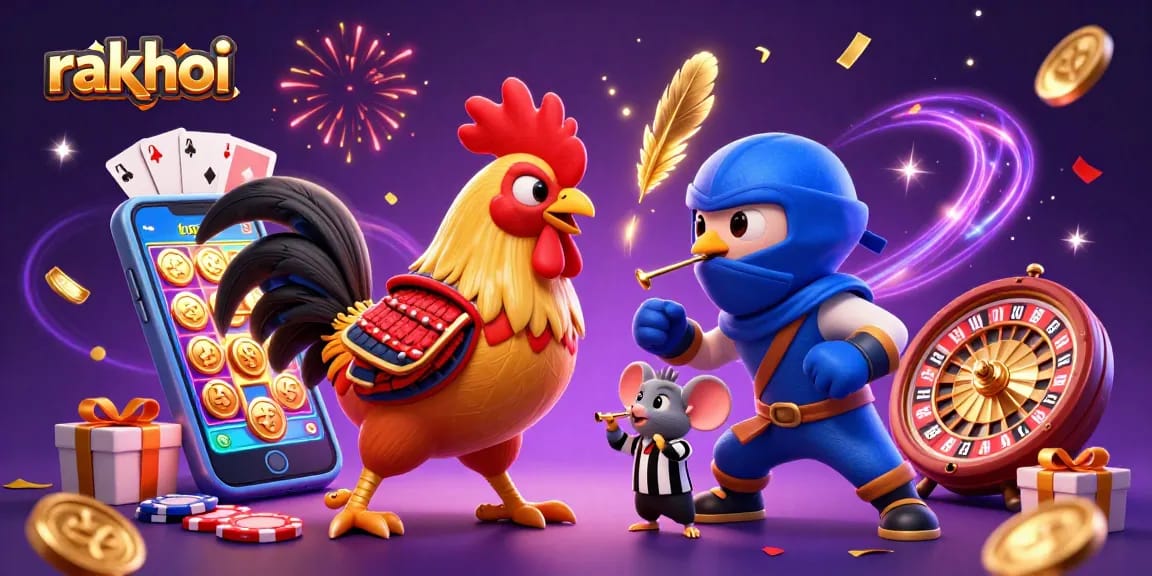 Engage in thrilling gaming with Rakhoi's stunning scene of roosters, slot games, and festive visuals.