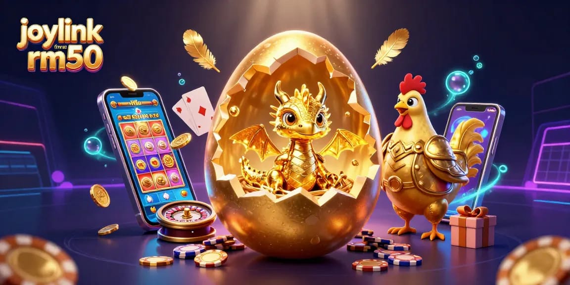 Experience joylink free credit rm50 with a captivating golden dragon and casino elements.