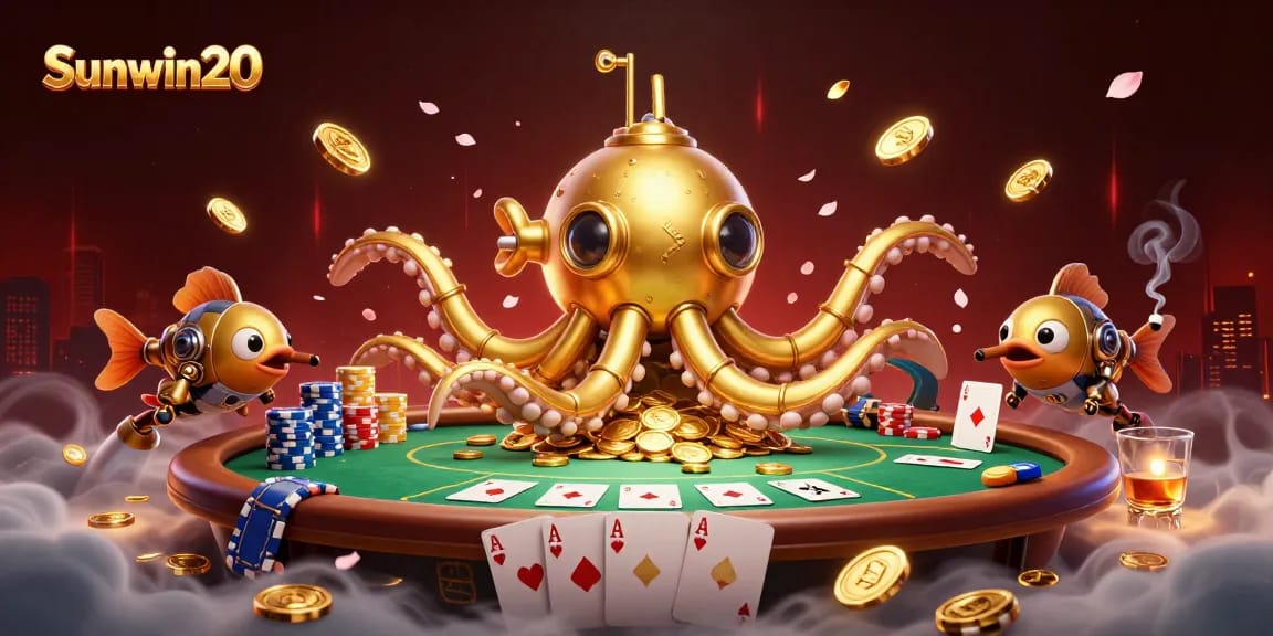 Experience thrilling gameplay with Sunwin20 beside a kraken submarine amidst poker excitement and gold coins.