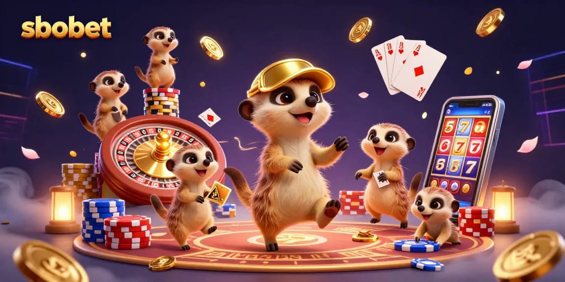 SboBet platform showcases a thrilling meerkat casino illustration with lively game elements flooding the scene.