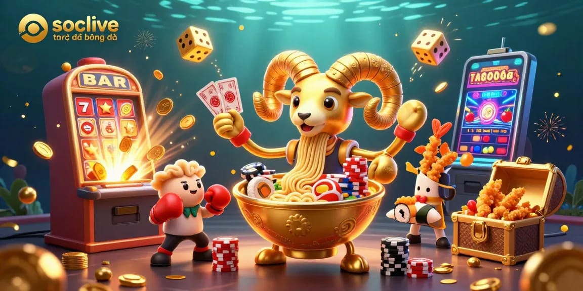Experience socolive trực tiếp bóng đá with energetic casino elements, vibrant characters, and immersive 3D visuals.