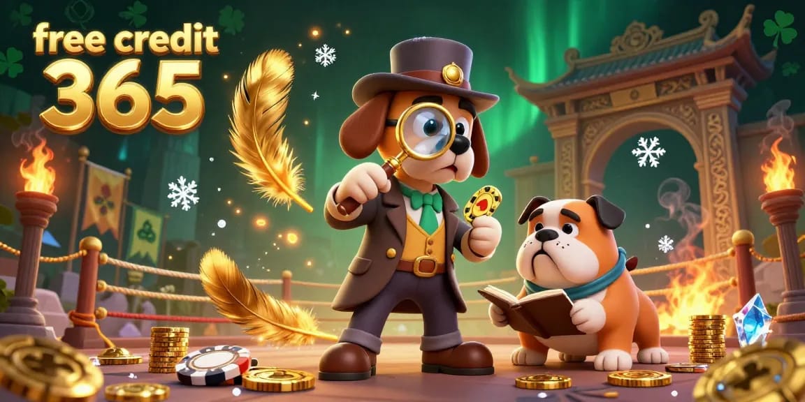 Engage in the thrill of gambling with free credit 365, featuring a detective bloodhound and treasures.