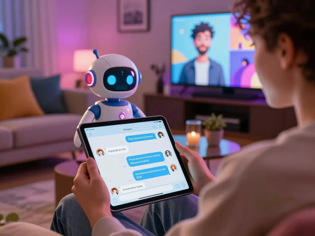 Interactive ai sex chat experience with a colorful chatbot in a cozy virtual lounge.