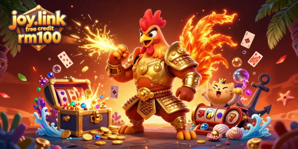 Engage in thrilling gaming with joy.link free credit rm100, featuring a 3D rooster warrior and dragon hatchling.