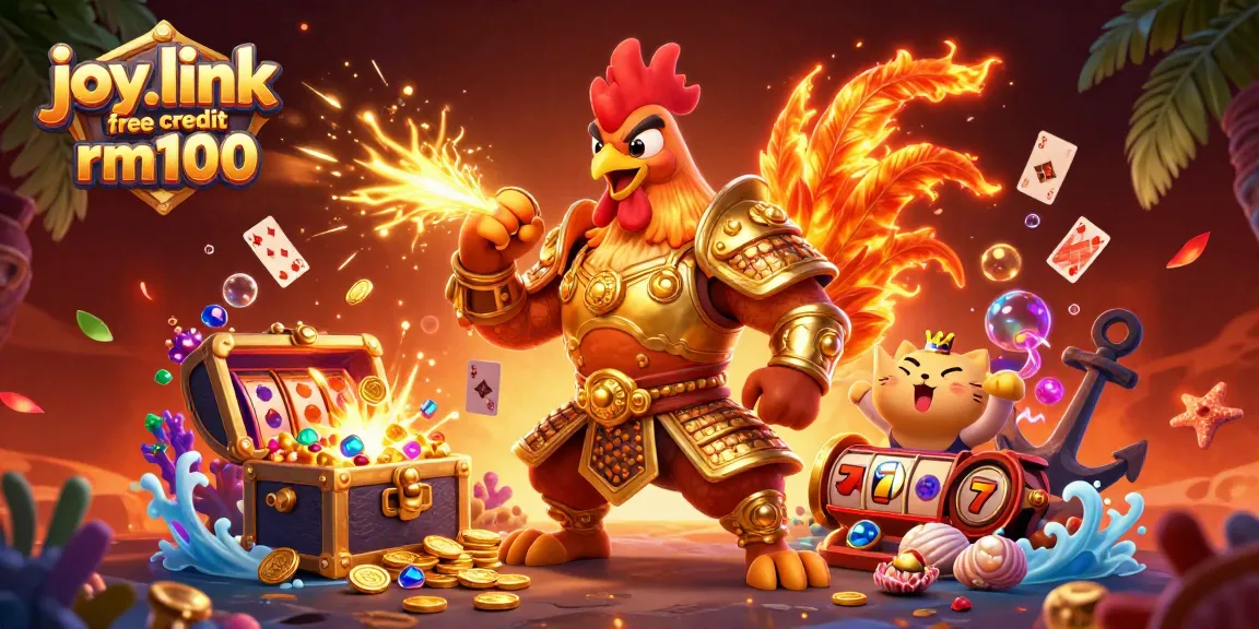Engage in thrilling gaming with joy.link free credit rm100, featuring a 3D rooster warrior and dragon hatchling.