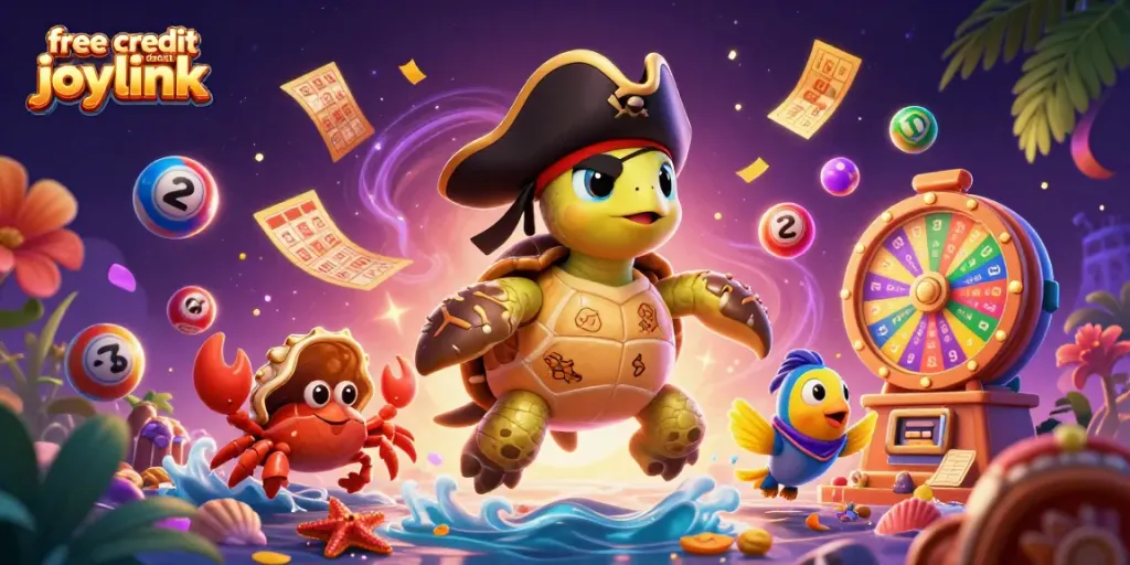 Claim free credit no deposit joylink with this vibrant 3D illustration featuring casino elements and tropical characters.