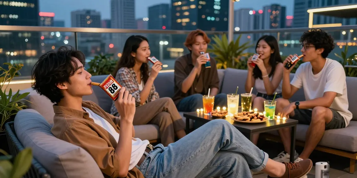 Friends enjoying rokok 88 products at an urban rooftop lounge during evening, with city lights in background.