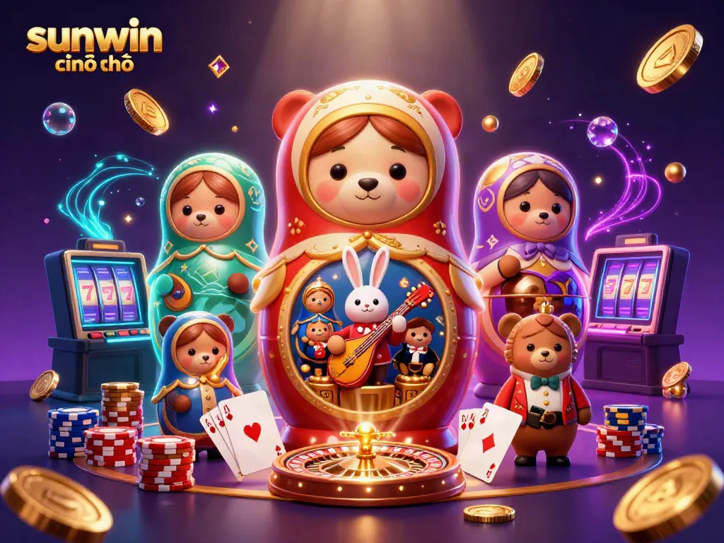 Experience the thrill of sunwin chính thức with a vibrant 3D casino scene showcasing dynamic gaming elements.