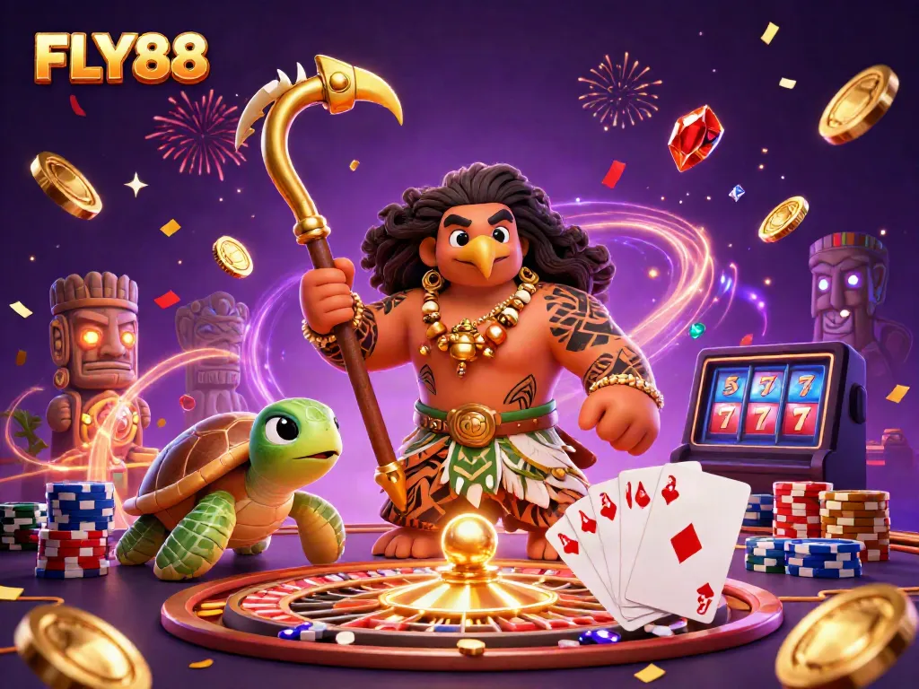 Play FLY88 at a vibrant casino scene with Maui and a turtle amidst exciting game elements.
