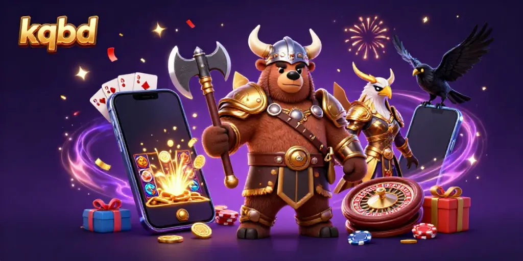 Experience exciting kqbd action with a Viking bear and Valkyrie eagle amidst vibrant casino elements.