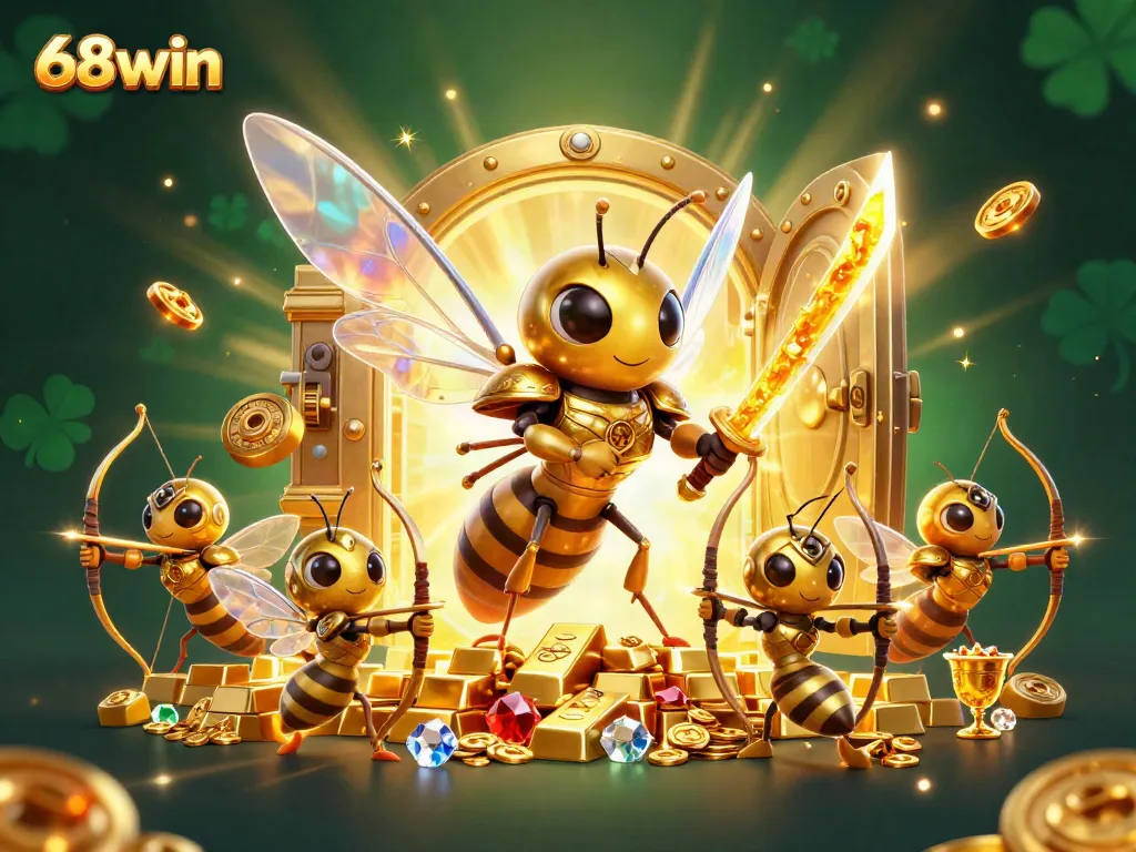 Experience the excitement of the 68win casino with a vibrant 3D illustration of samurai-themed characters surrounded by wealth.
