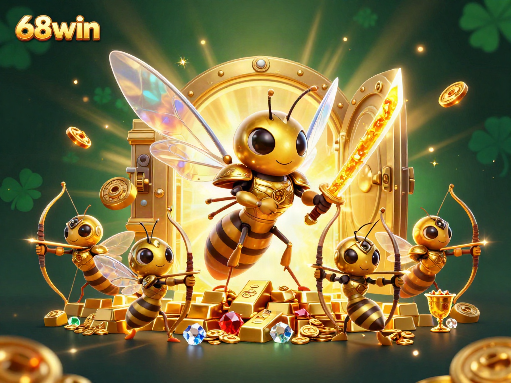 Experience the excitement of the 68win casino with a vibrant 3D illustration of samurai-themed characters surrounded by wealth.