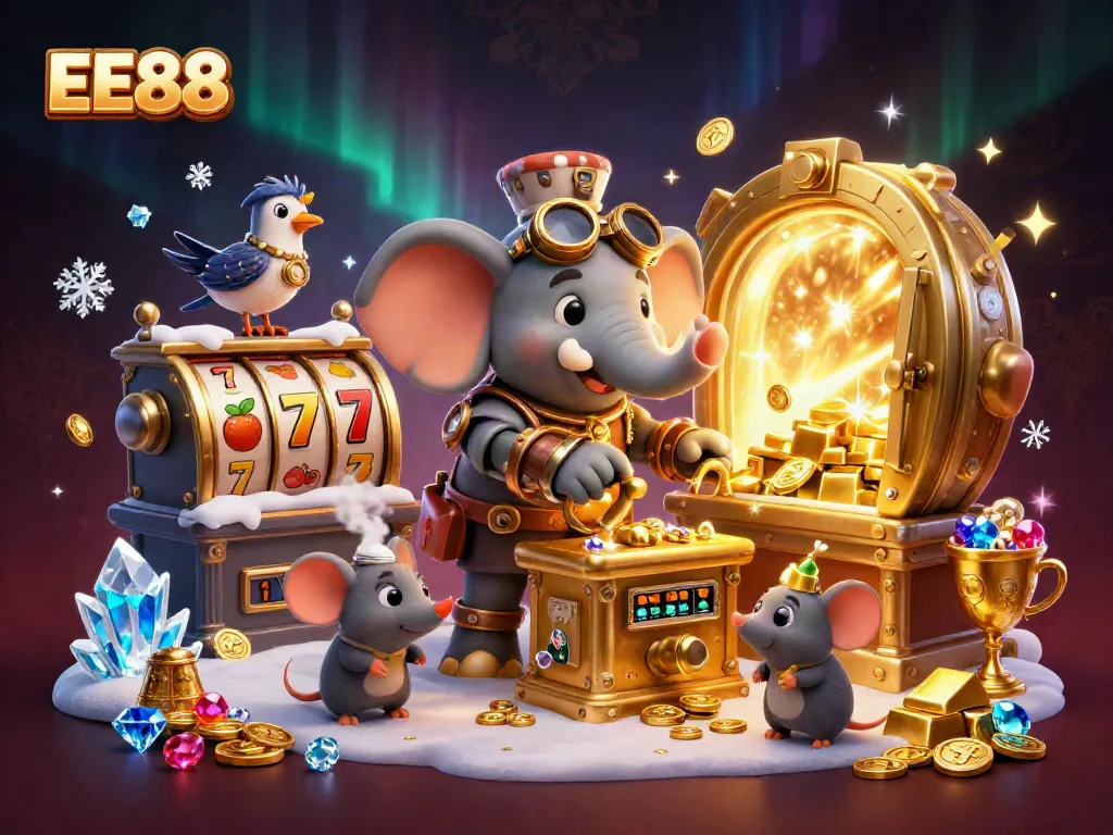 Play transformative games at EE88 with a charming steampunk elephant engineer and golden slot machine.