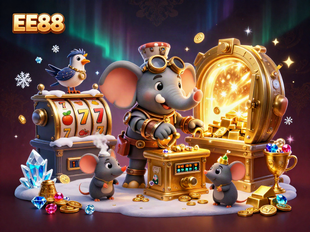 Play transformative games at EE88 with a charming steampunk elephant engineer and golden slot machine.