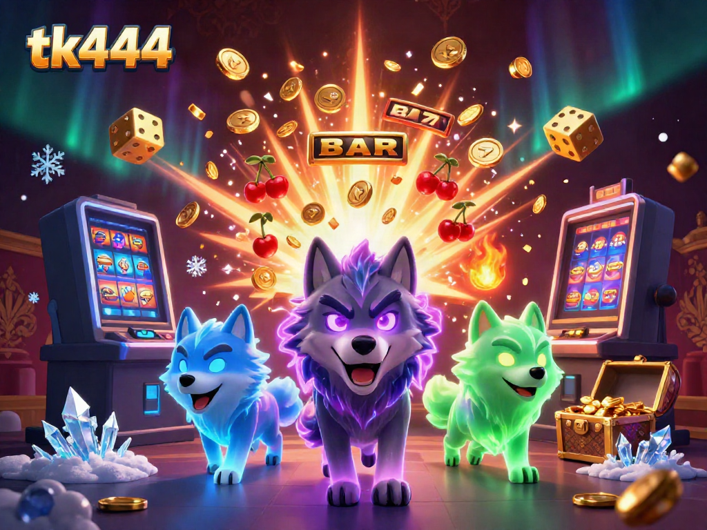 Engage with thrilling jackpots at tk444 with our immersive 3D gaming scene featuring wolf leaders and slot machines.