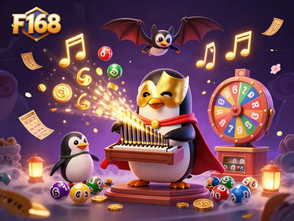 Experience F168 with colorful lottery elements, golden coins, and vibrant casino energy in a dynamic scene.