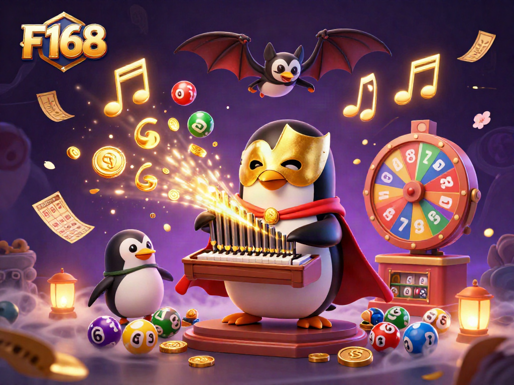 Experience F168 with colorful lottery elements, golden coins, and vibrant casino energy in a dynamic scene.