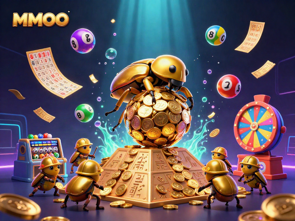 Experience thrilling gameplay with MMOO's massive golden dung beetle, symbolizing wealth, amidst vibrant casino elements