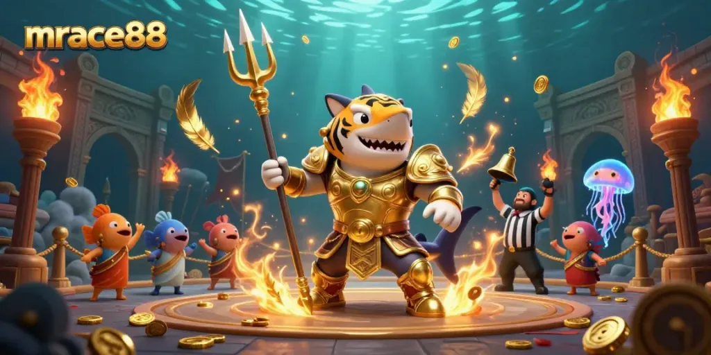 Engage with thrilling slots at mrace88 in a vibrant underwater colosseum with animated characters.