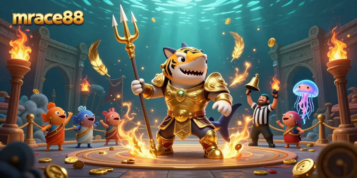 Engage with thrilling slots at mrace88 in a vibrant underwater colosseum with animated characters.