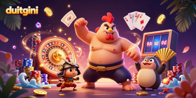 Engage with the duitgini loan platform featuring dynamic gaming elements and vibrant characters in a festive environment.