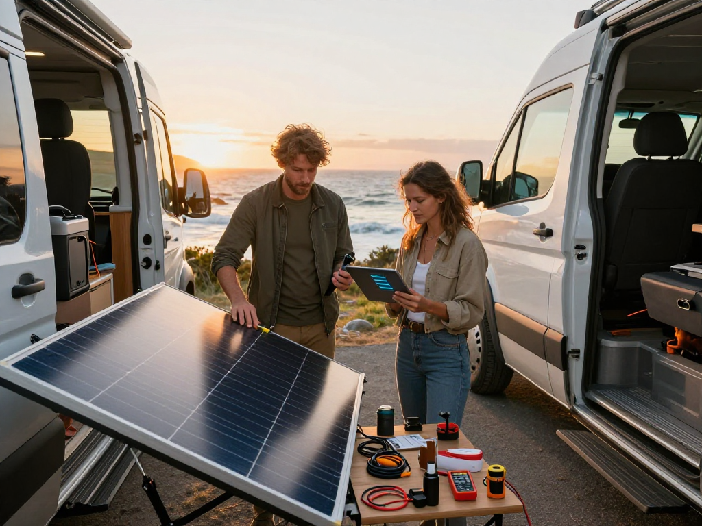 Couple setting up solar panels for their campervan, showcasing rokok88's van life preparation.