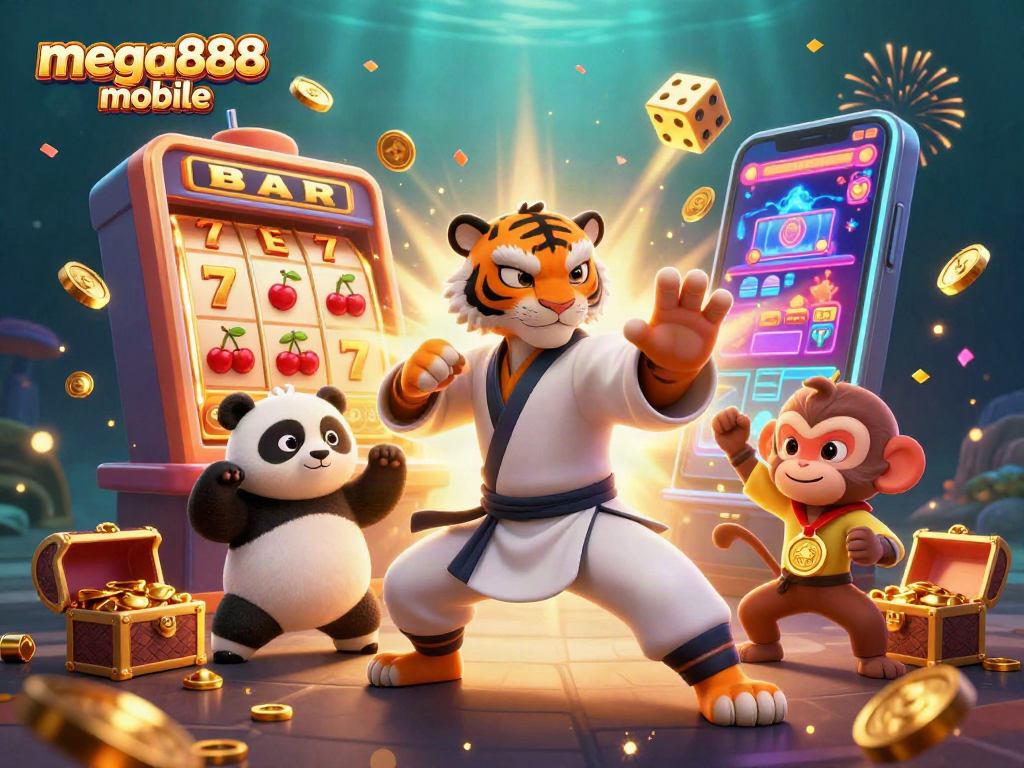 Engage with mega888 mobile slots while a kung fu tiger, panda, and monkey create excitement.