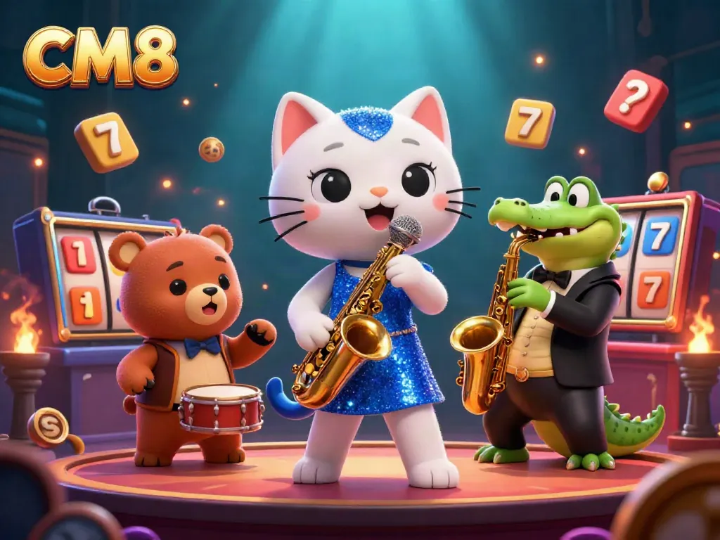 Engage with CM8's thrilling casino experience featuring animated characters on stage with lively game elements.