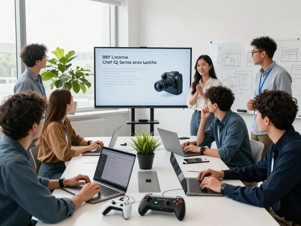 Team collaborating with innovative tech gadgets in a modern workspace.
