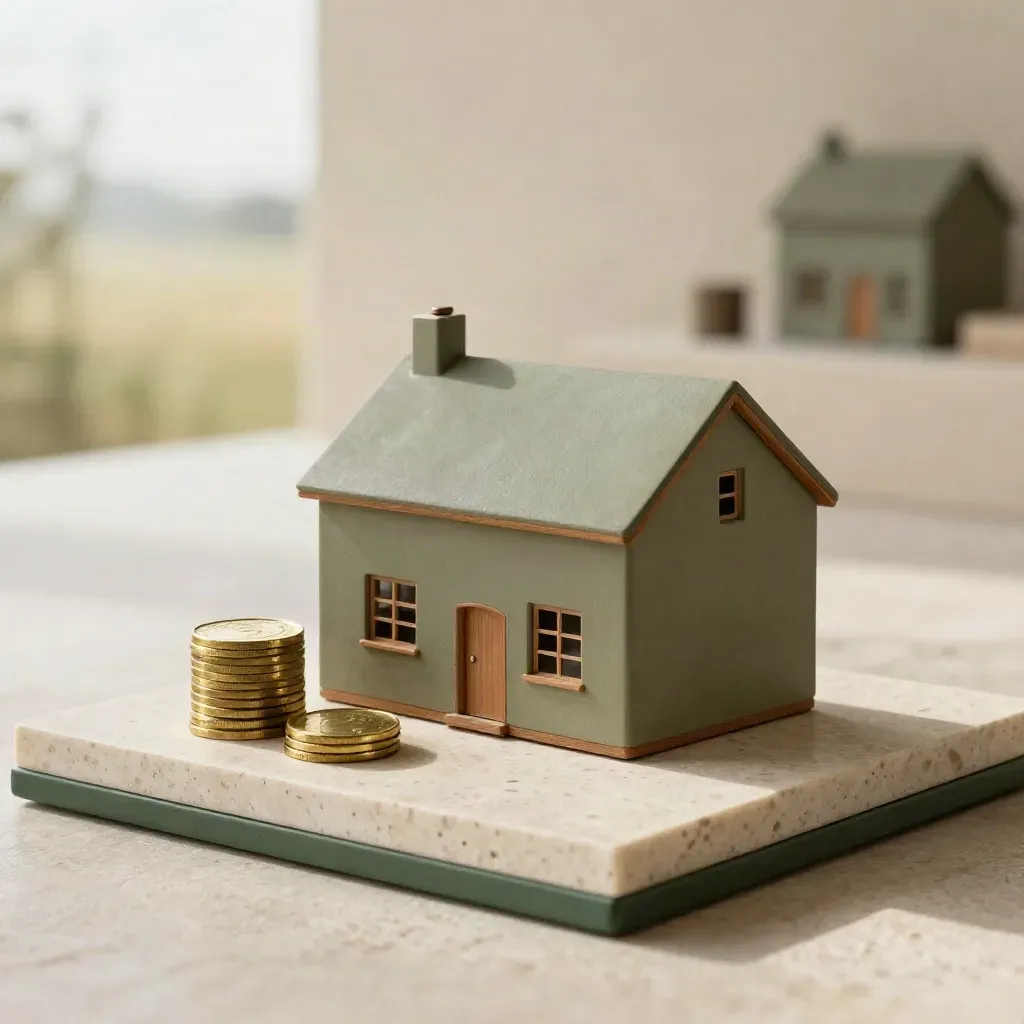 Model rumah mini, token gangsa dan pedestal batu dalam suasana showroom cerah.