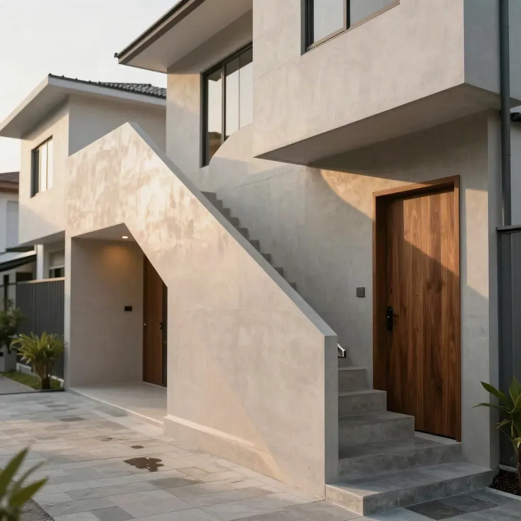 Halaman rumah bandar siap di Kajang dengan tangga jelas dan dinding konkrit pucat.