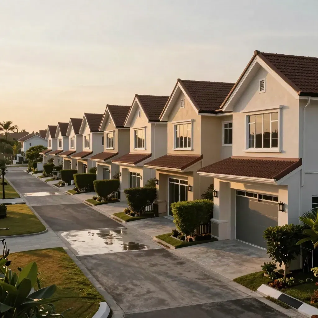 Deretan rumah teres di Johor Bahru saat senja, driveway berkilau dan pagar hijau tersusun rapi.