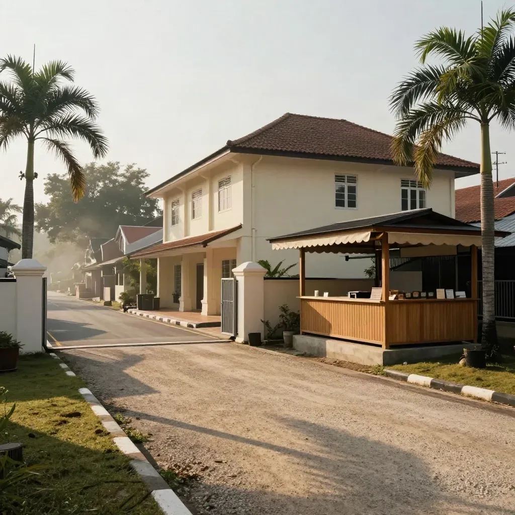 Tiga hentian lawatan tapak di Melaka: jalan masuk, fasad rumah dan pavilion jualan