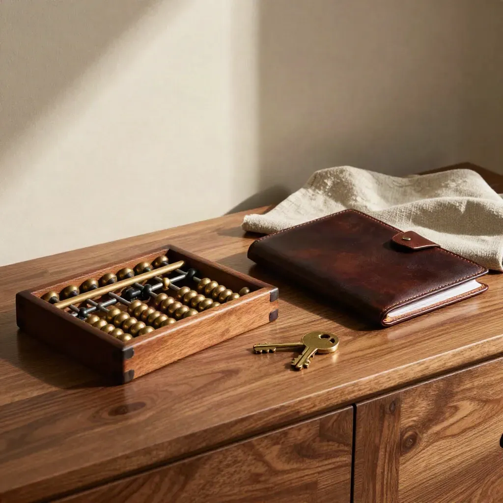 Abakus, dompet dokumen tertutup dan kunci rumah di atas meja walnut