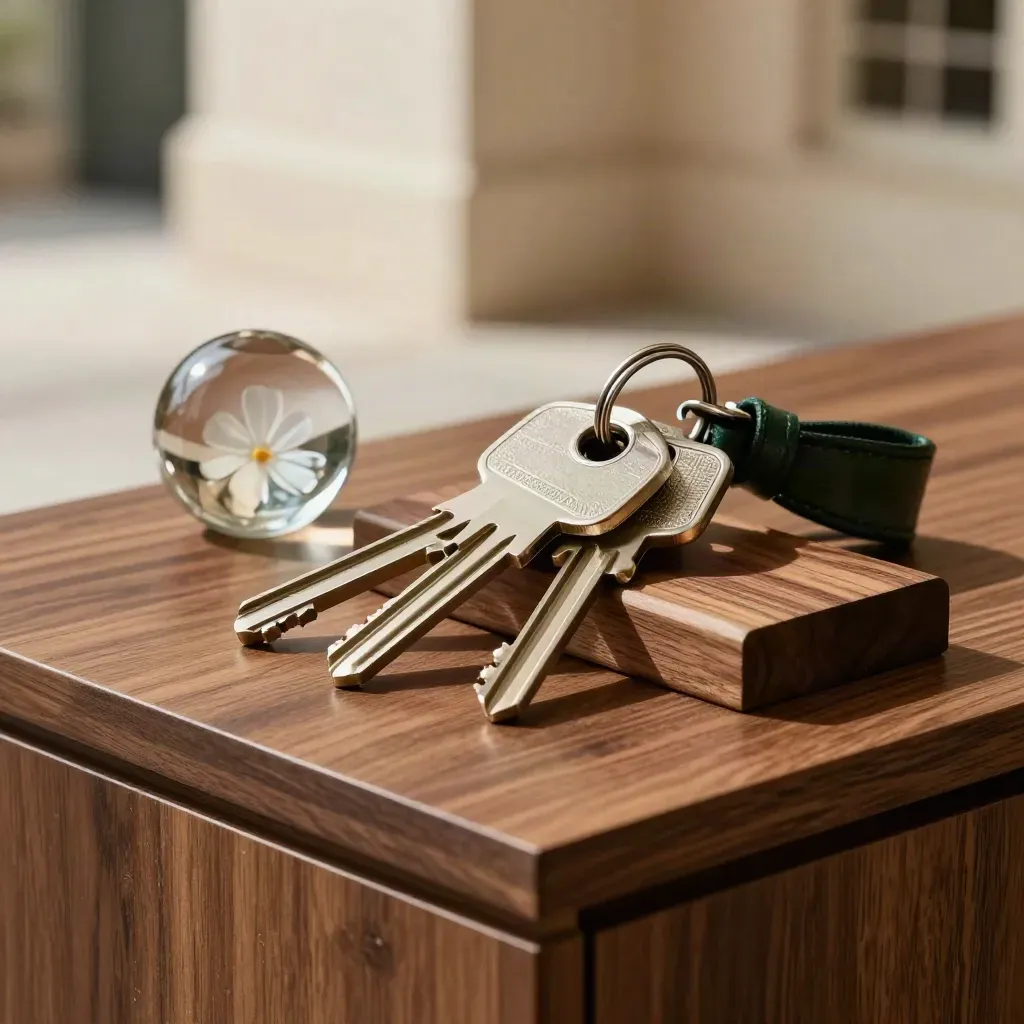 Kunci rumah berkilat, blok kayu walnut dan pemberat kaca di kaunter jualan