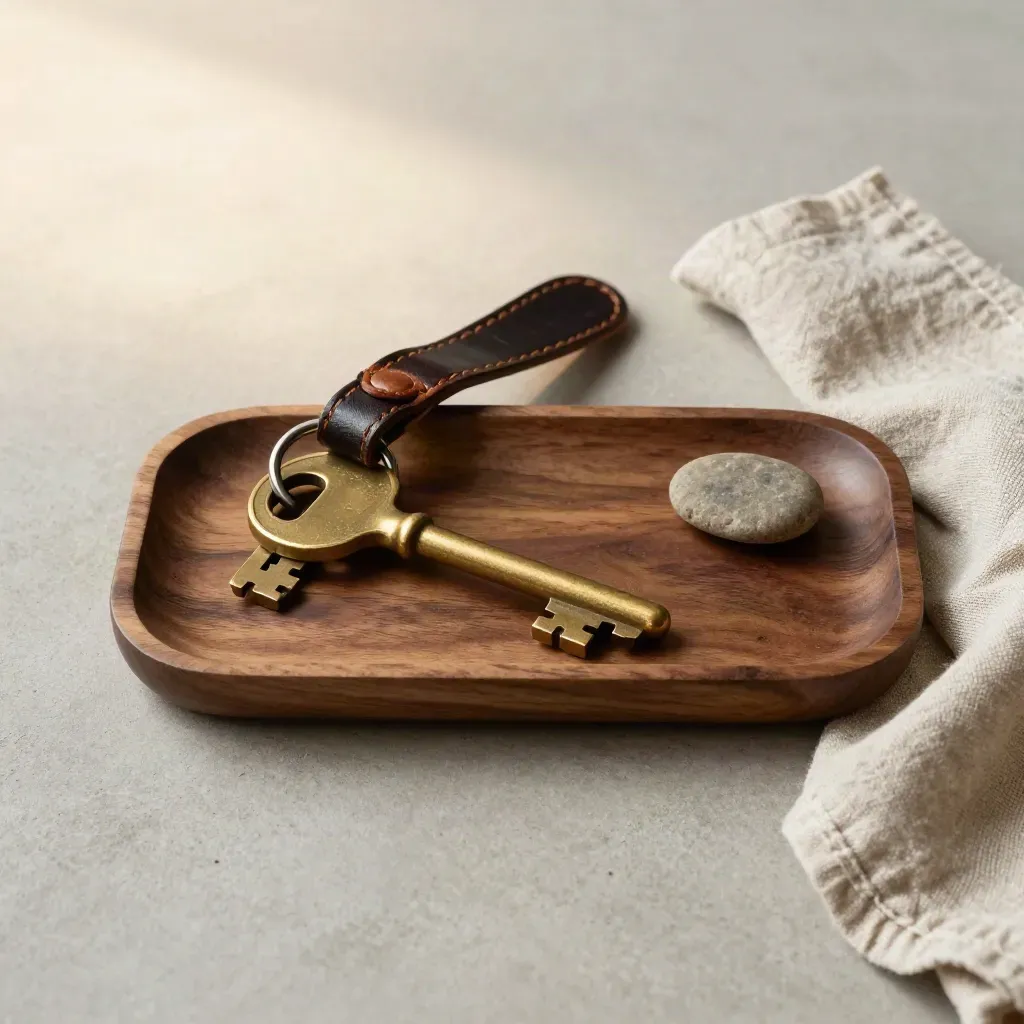Kunci loyang, fob kulit gelap dan batu kecil di dulang walnut atas permukaan batu kelabu.