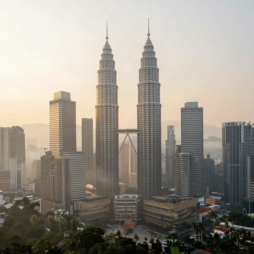 Latar langit Klang Valley berkabus dengan Menara Berkembar di atas lembah hijau waktu golden hour.