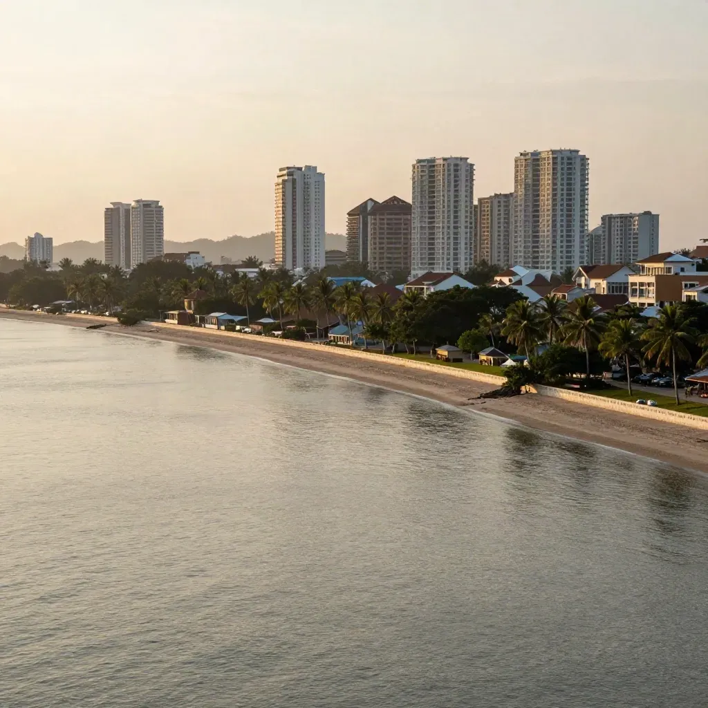 Pemandangan pesisir Johor Selatan waktu senja dengan menara moden, palma dan laut berkabus.