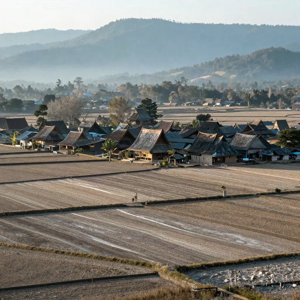 Pemandangan bukit Negeri Sembilan dengan bumbung Minangkabau, sawah dan kabus petang.
