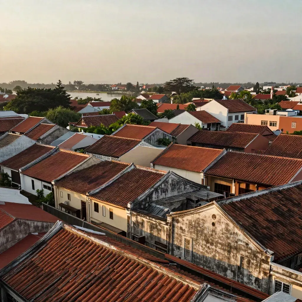 Pemandangan udara Melaka Tengah dengan bumbung warisan, sungai berkabus dan langit senja lembut.