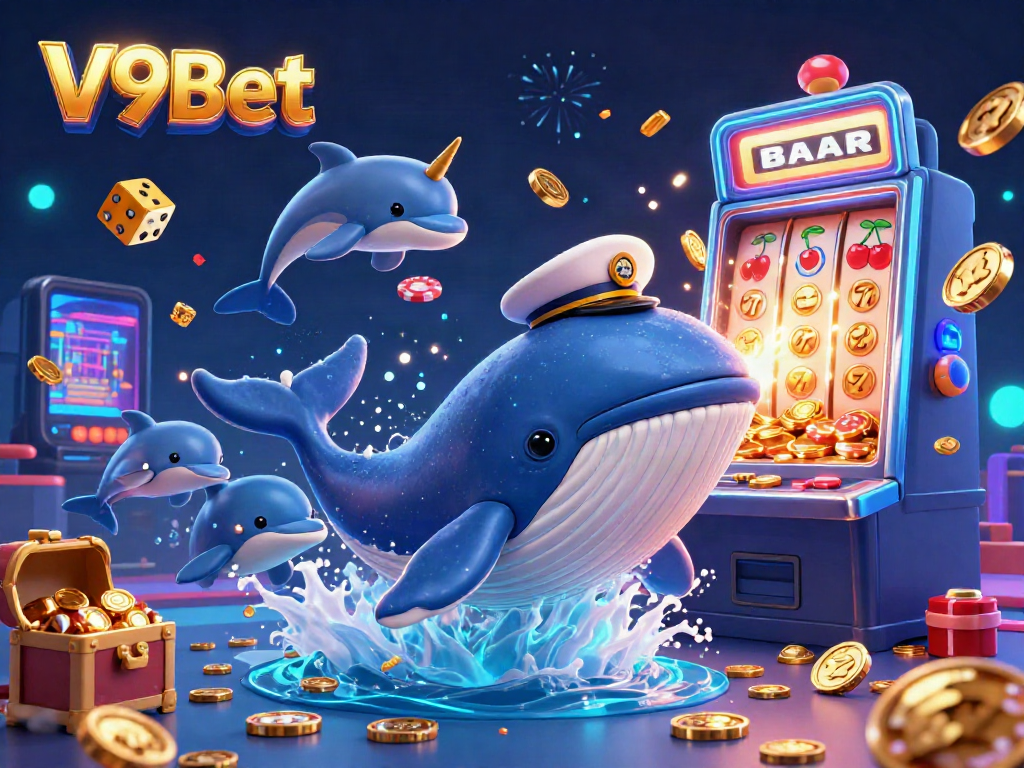 Experience thrilling gameplay at V9Bet with animated characters and a vibrant casino scene.