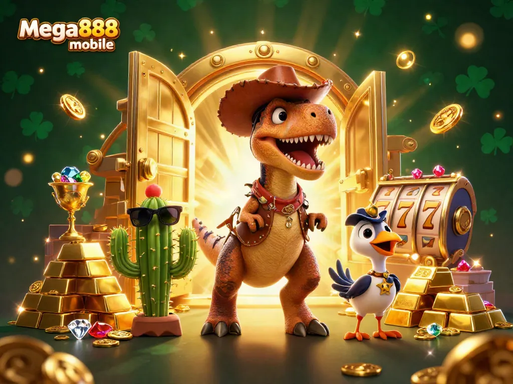 Experience thrilling mega888 mobile action with cartoon dinosaur, cactus, and roadrunner amidst gold treasures.