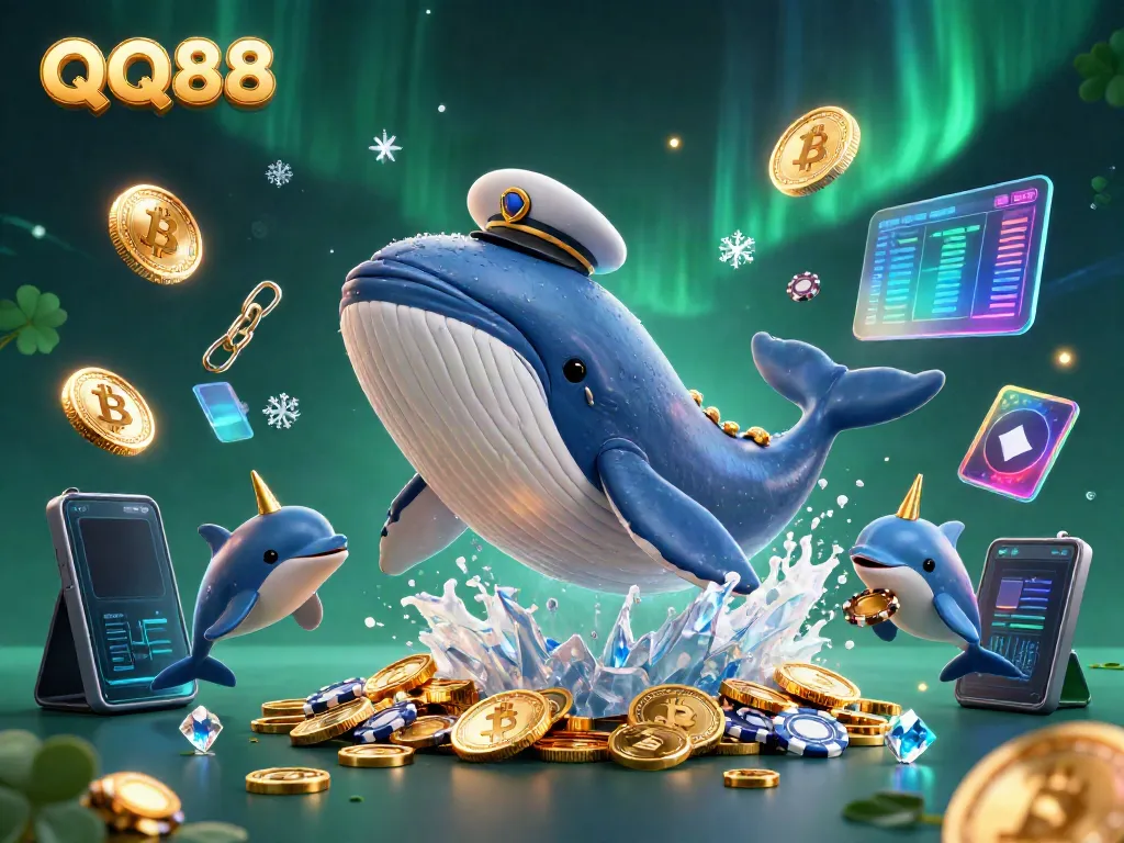 Experience gaming excitement with QQ88’s vibrant 3D casino scene filled with playful dolphins, a whale, and crypto coins.